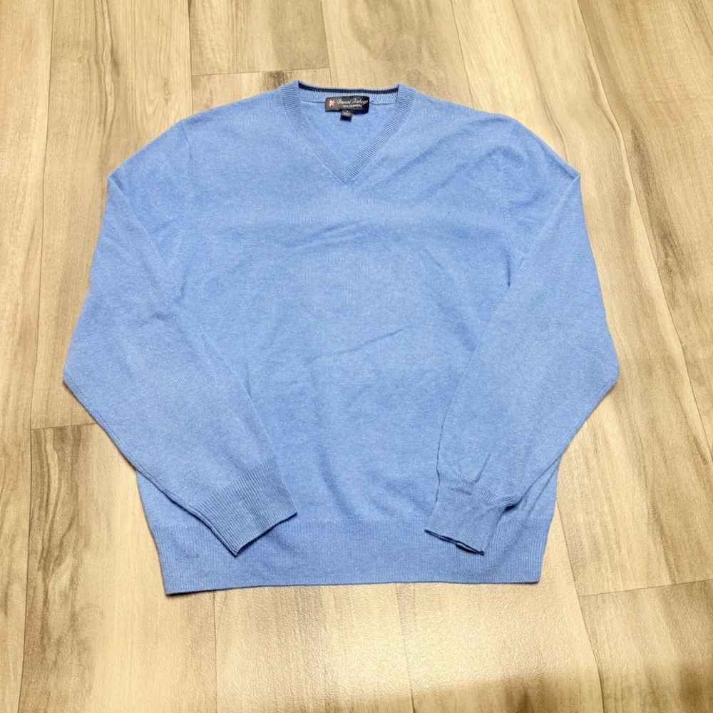 Daniel Bishop Men L Light Blue 100% Cashmere V-Neck Sweater Heathered Knit